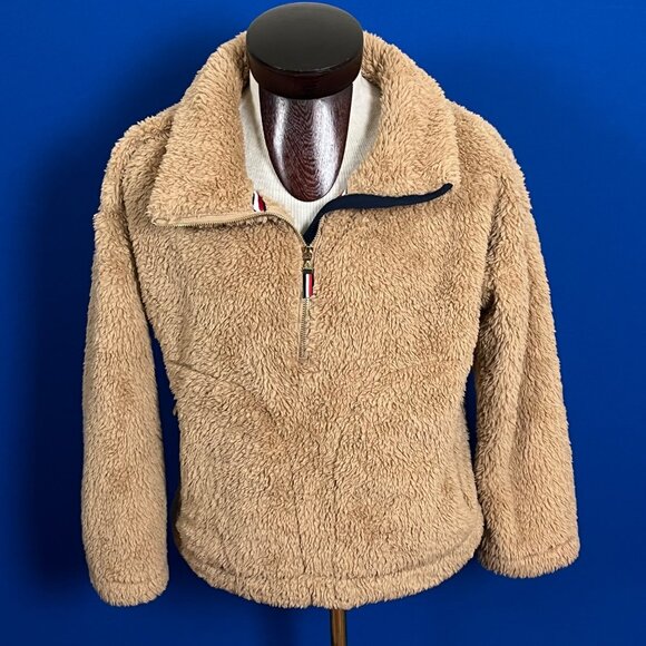 Tommy Hilfiger Womens Tan Fuzzy Sherpa Teddy 1/4 Zip Pullover‎ Size M - Picture 1 of 8